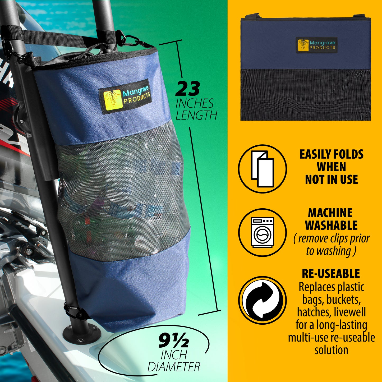 Navy Boat Trash Can for boating, fishing and sandbar. For pontoon boats, center console boats, and speedboats.