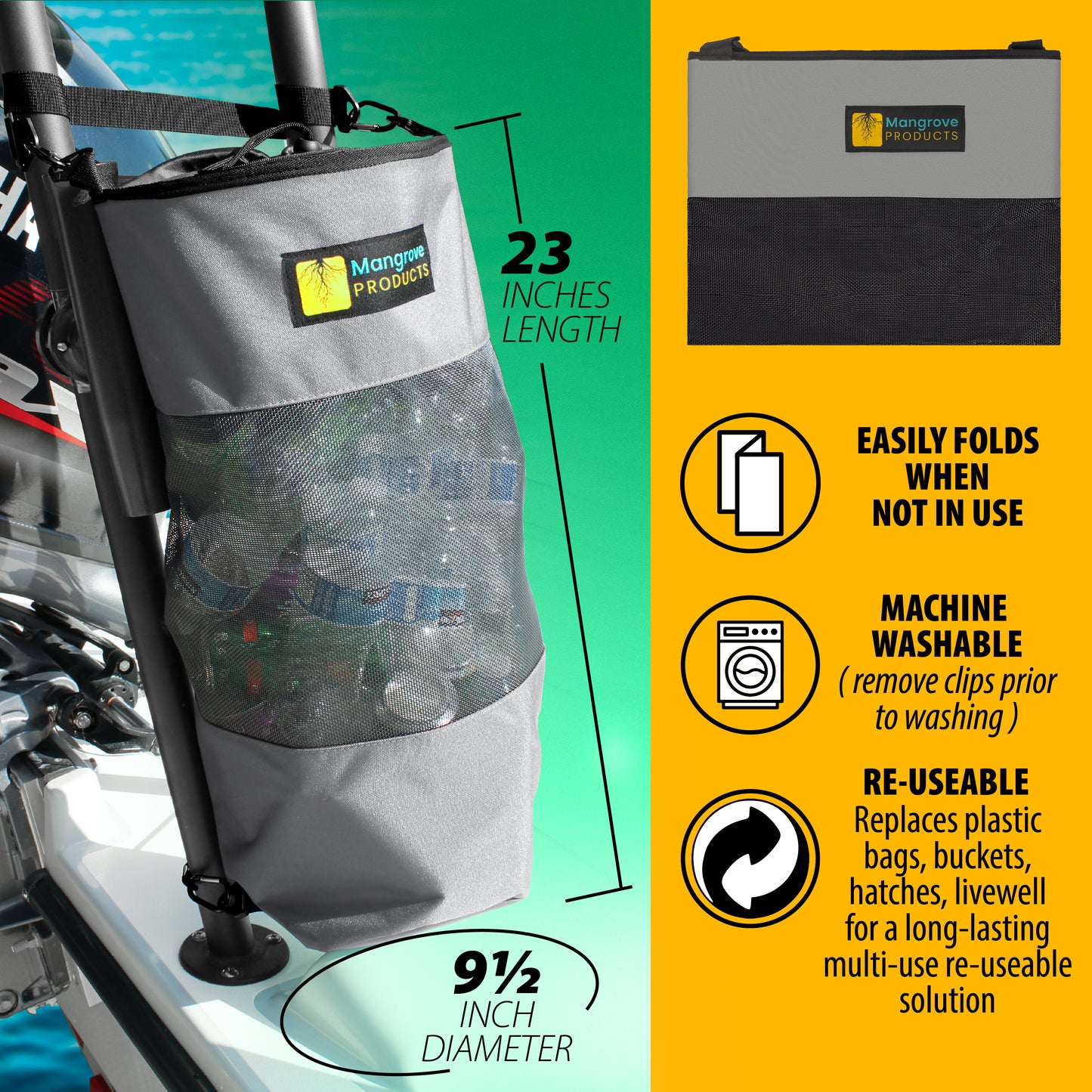 Gray Boat Trash Can for boating, fishing and sandbar. For pontoon boats, center console boats, and speedboats.