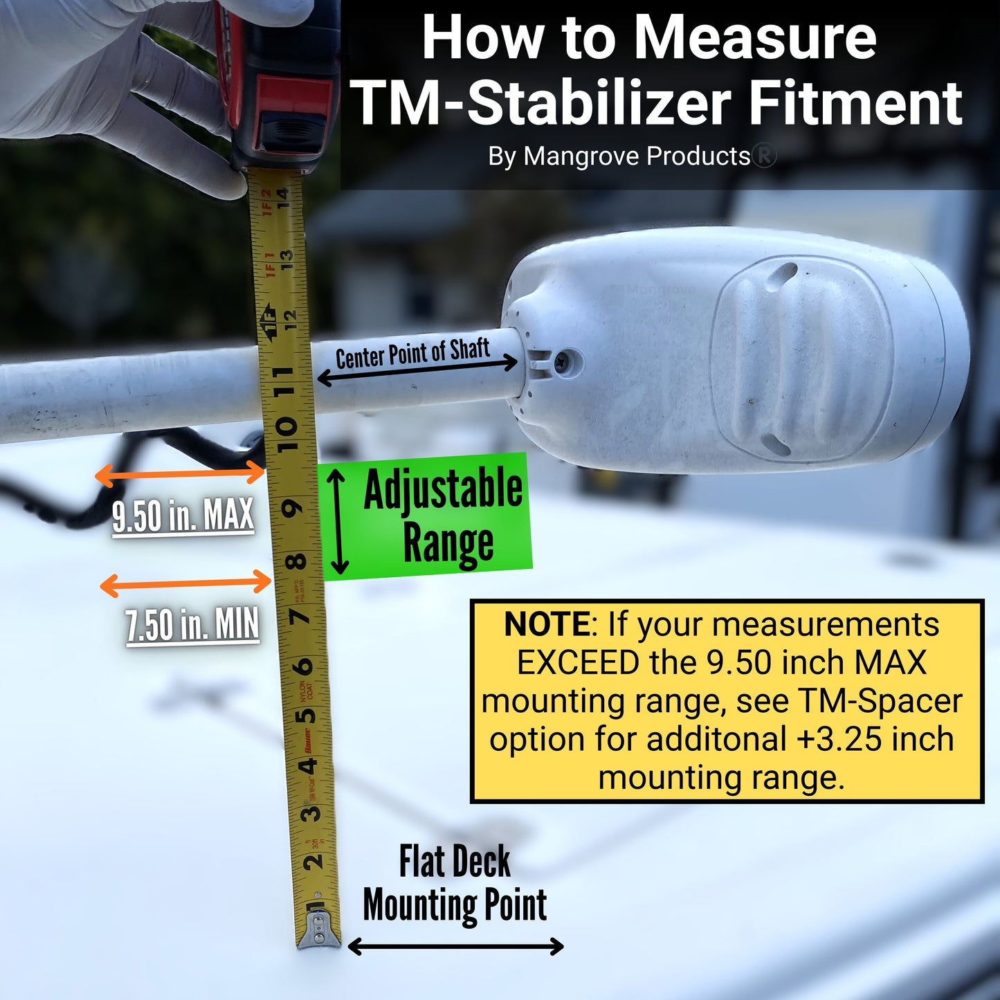 How to measure for fitment of trolling motor stabilizer TM-Stabilizer by Mangrove Product. Specific measurements for trolling motor support.
