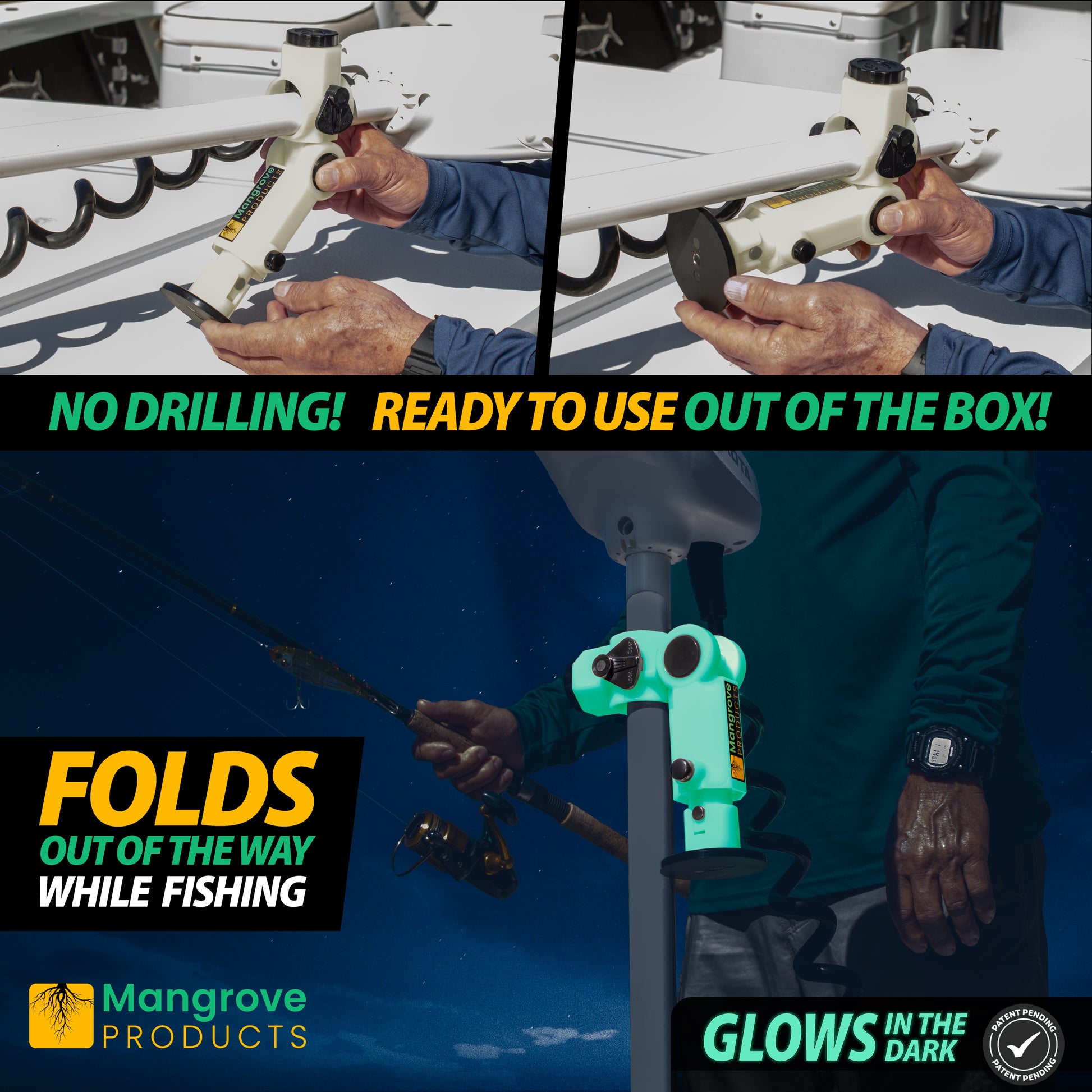 No Drilling trolling motor stabilizer, folding trolling motor support, Shock absorbing trolling motor stabilizer and glow in the dark feature for night fishing or boating.