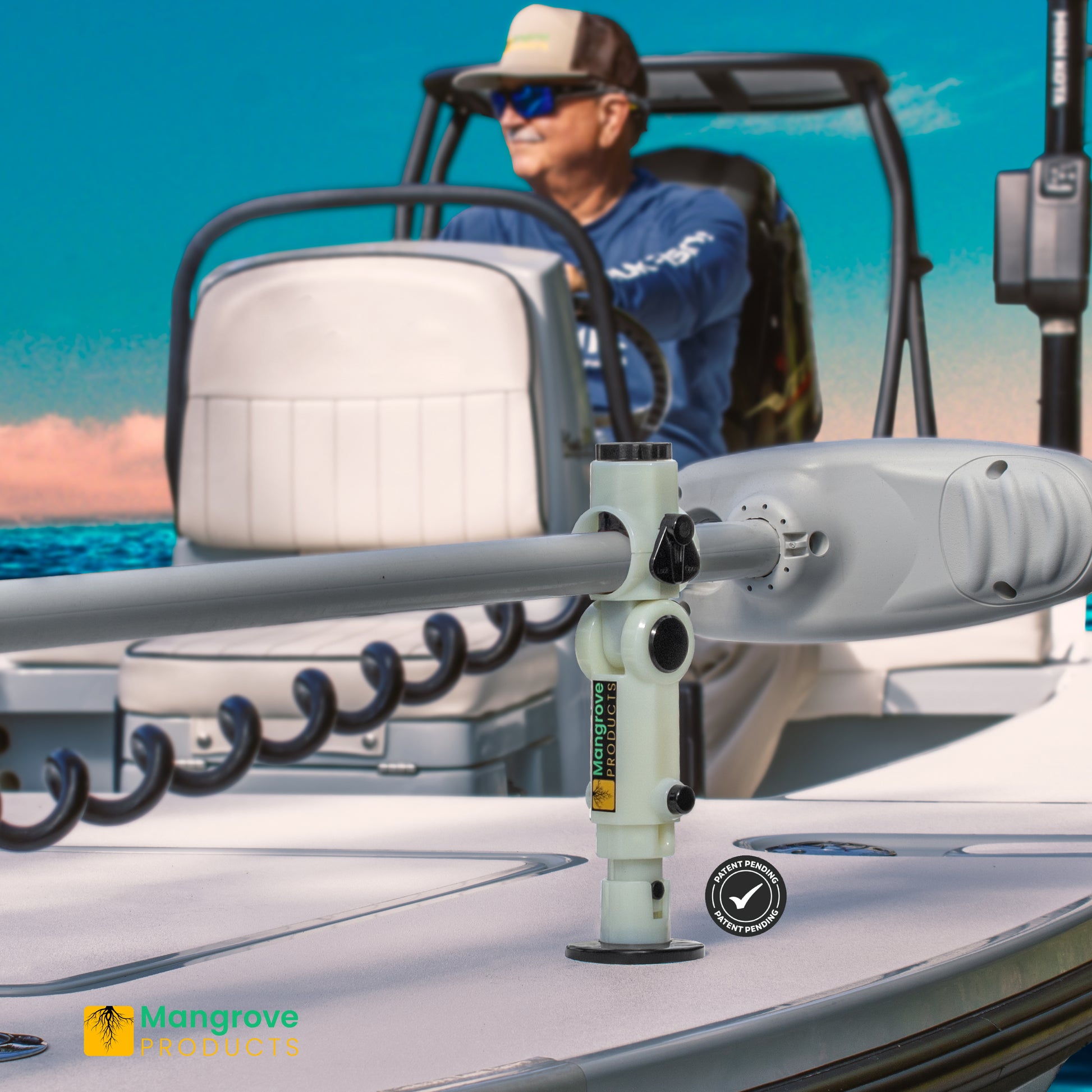 No Drilling trolling motor stabilizer, folding trolling motor support, Shock absorbing trolling motor stabilizer for Garmin, Minn Kota, Rhodan, Powerpole, and Lowrance trolling motors.