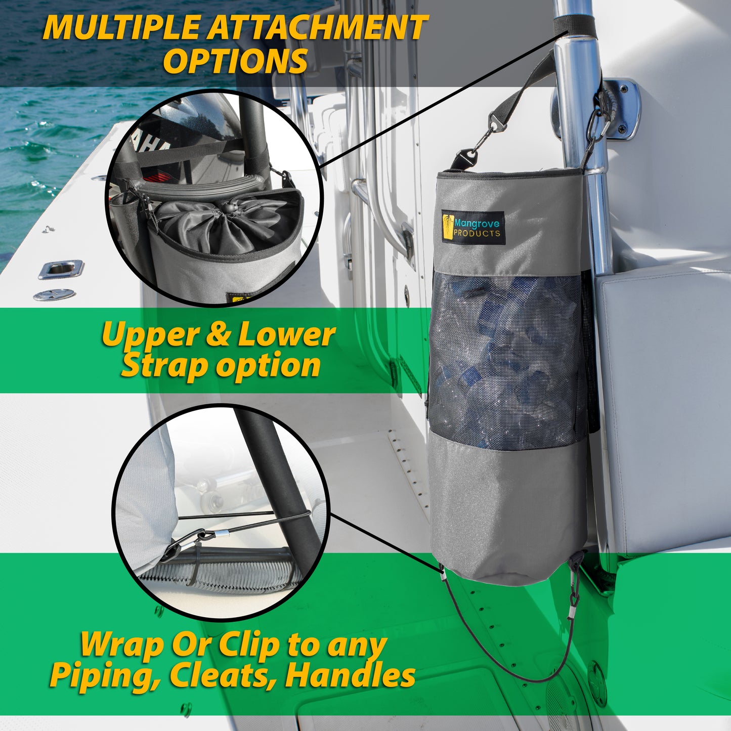 Boat Trash can with multiple attachment options gray