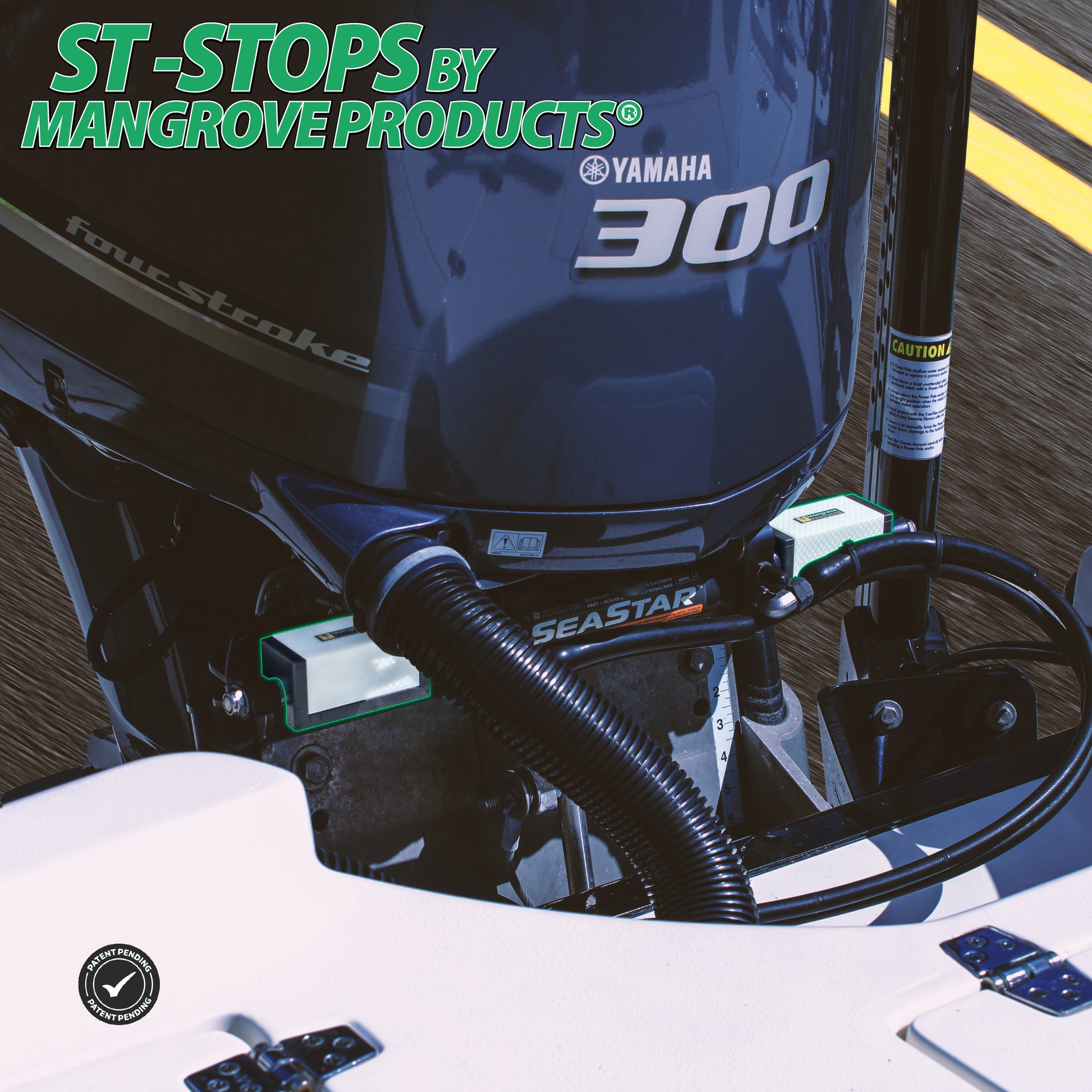 Yamaha 300hp outboard with outboard steering locks by Mangrove  Products ST-Stops. Outboard motor steering stops for Yamaha outboards with seastar hydraulic steering systems. Color glow in the dark