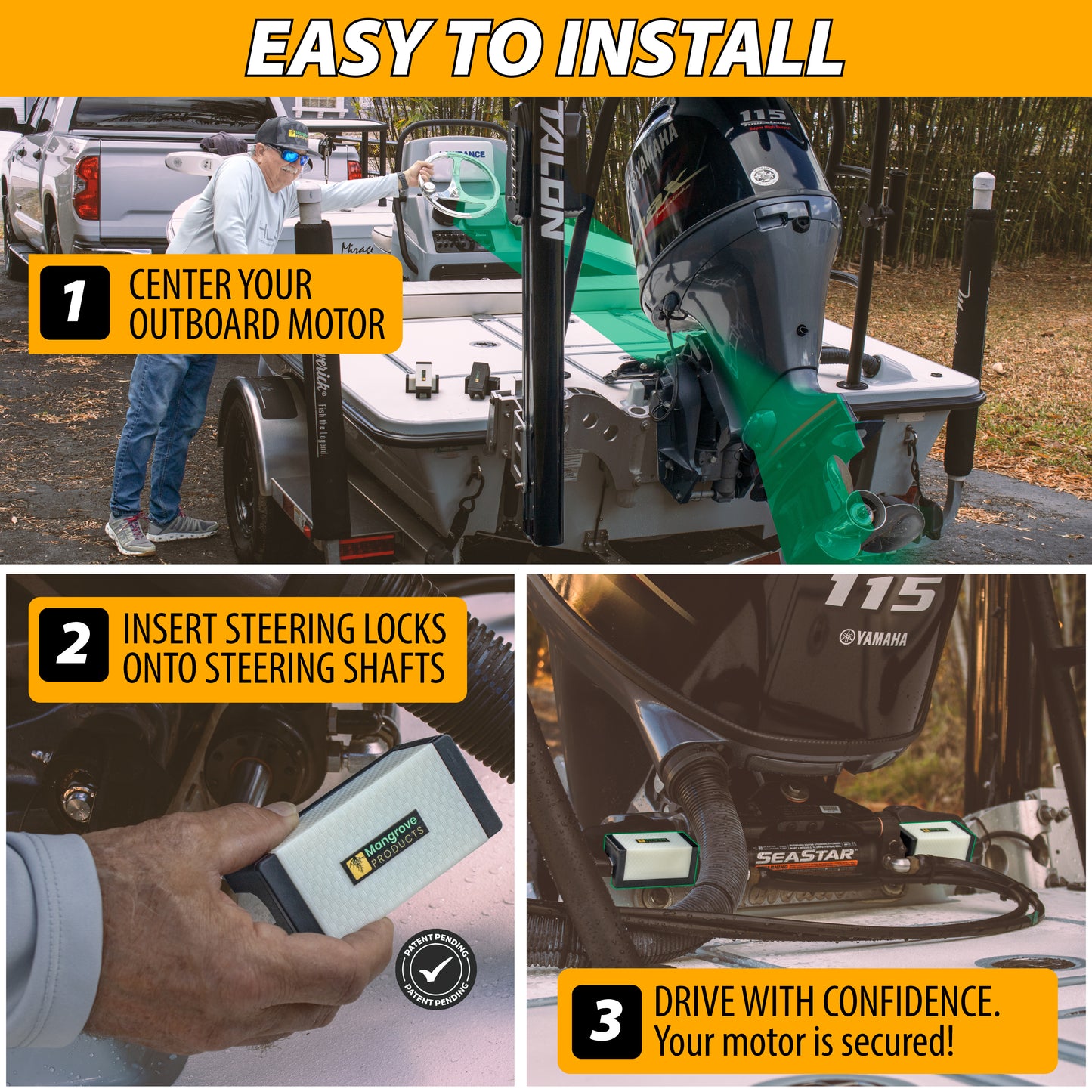 Step by Step guide to install Mangrove Products ST-Stops outboard steering stops in 3 easy steps. Showing how to center your outboard before placement. Color glow in the dark.