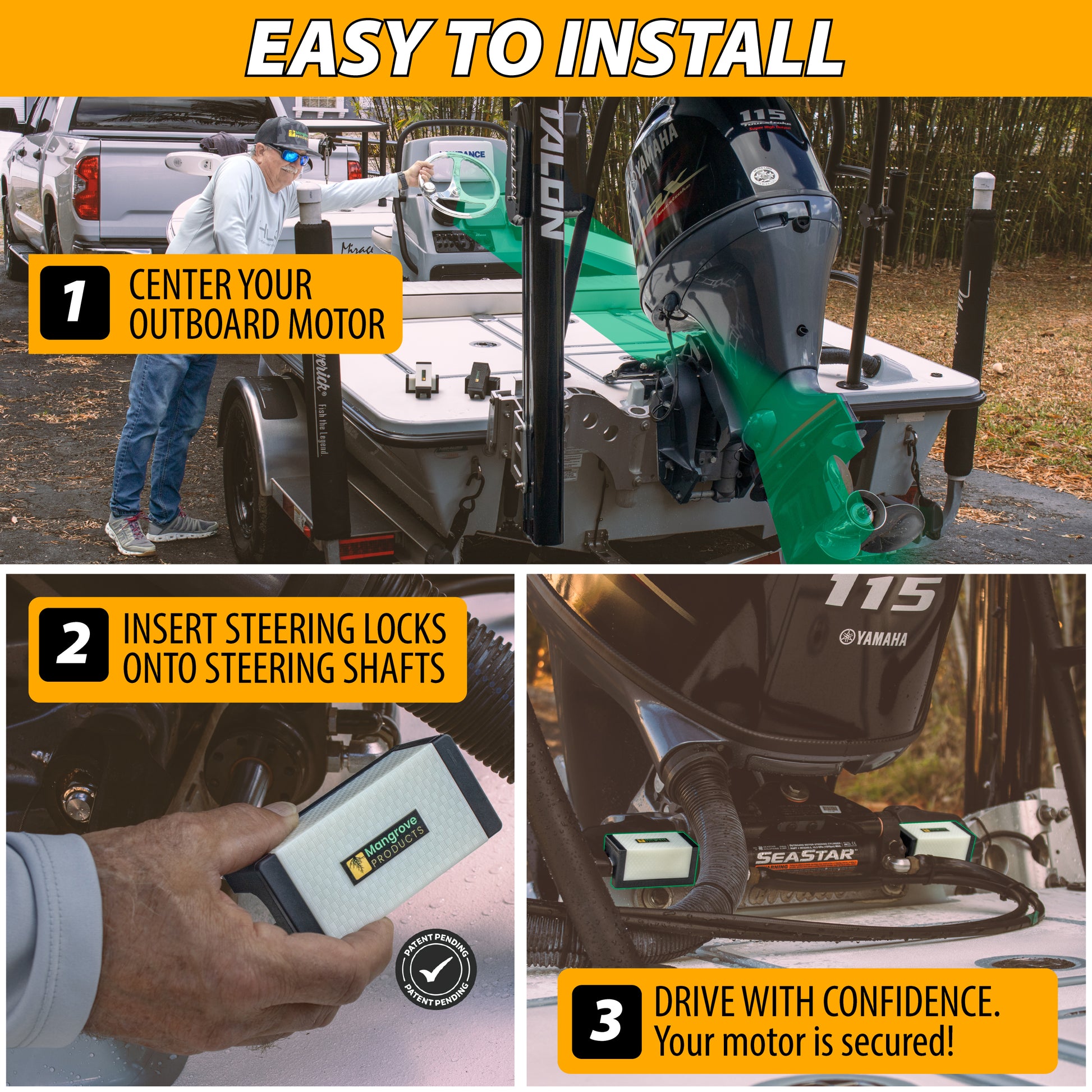 Step by Step guide to install Mangrove Products ST-Stops outboard steering stops in 3 easy steps. Showing how to center your outboard before placement. Color glow in the dark.