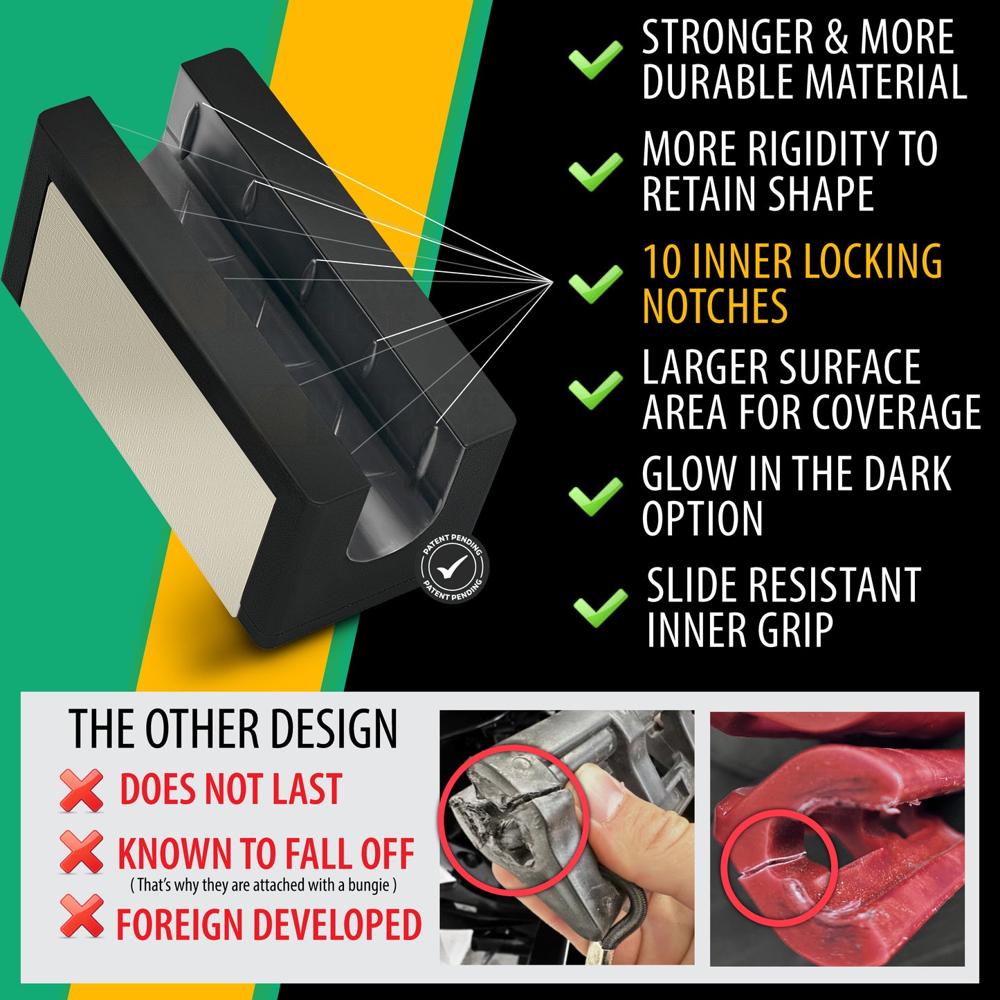 ST-Stops durability versus other outboard motor steering locks that fail over time. Mangrove Products durable material and rubber strength assure simplicity and functionality when trailering your boat and stabilizing your outboard. Outboard motor steering stops. Color glow in the dark.