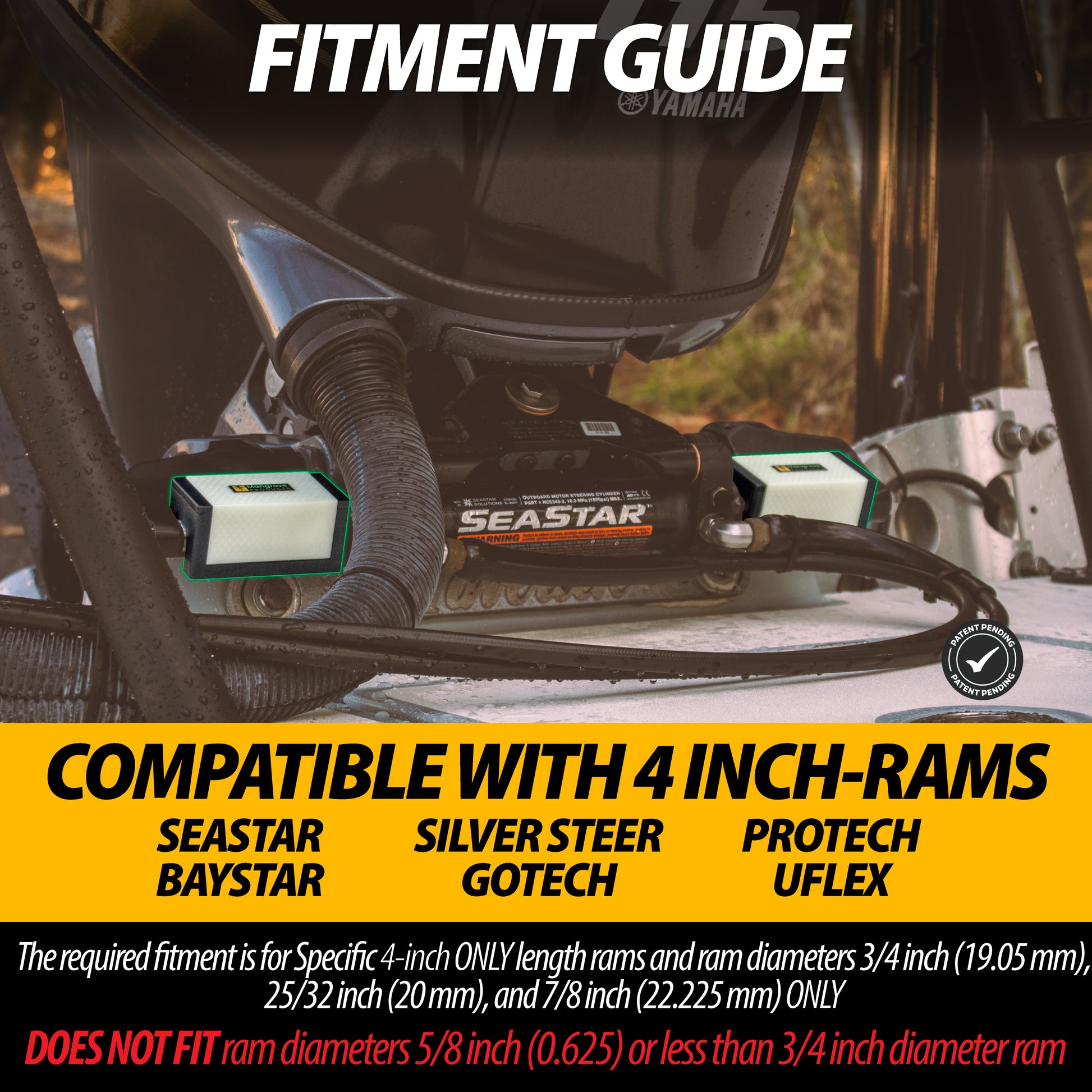 Fitment Guide for Outboard Steering Lock for outboard hydraulic steering system supports when trailering, compatible with seastar steering systems. Color glow in the dark