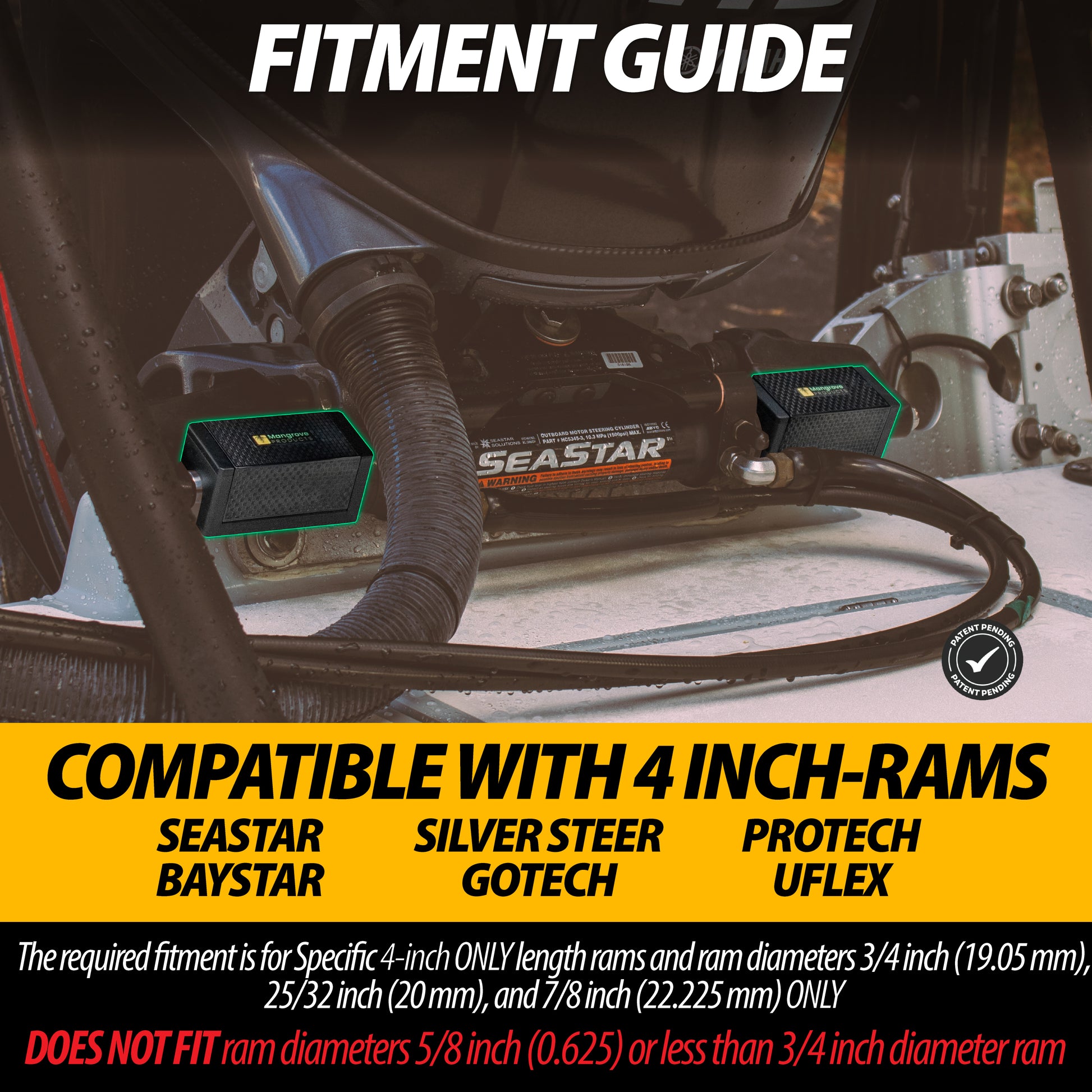 Fitment Guide for Outboard Steering Lock for outboard hydraulic steering system supports when trailering, compatible with seastar steering systems. Color black