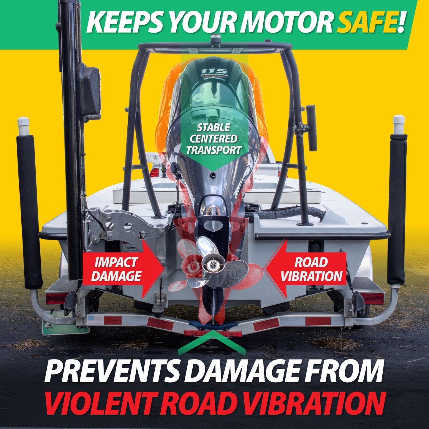 Outboard Motor steering supports prevent damage to your hydraulic steering systems mounted to your outboard motor. Keep your outboard motor centered and supported when trailering with Mangrove Products ST-Stops