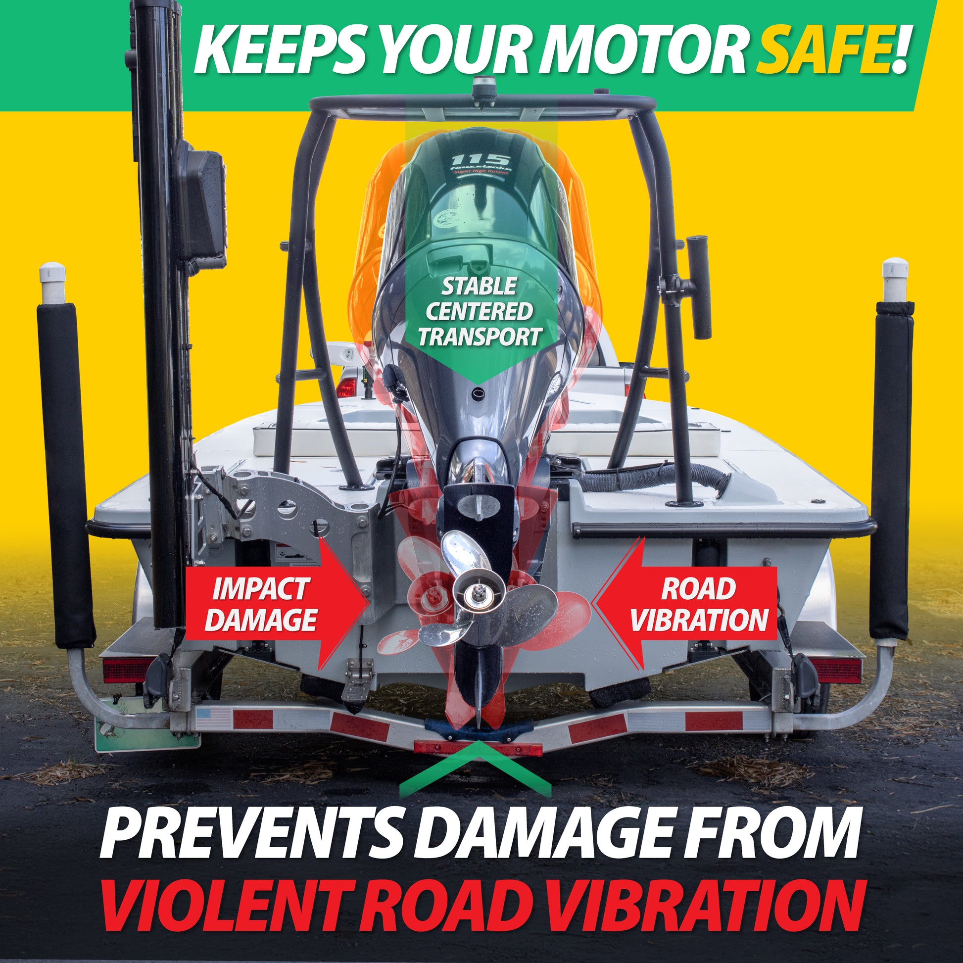 Outboard Motor steering supports prevent damage to your hydraulic steering systems mounted to your outboard motor. Keep your outboard motor centered and supported when trailering with Mangrove Products ST-Stops