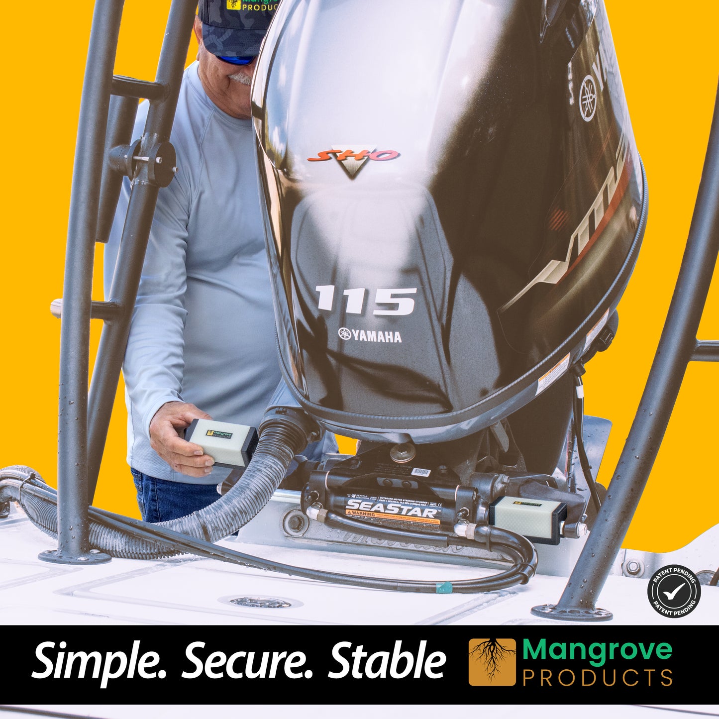 ST-Stops outboard motor steering locks being applied to a yamaha outboard's steering system to protect from vibration when trailering the boat. Color glow in the dark.