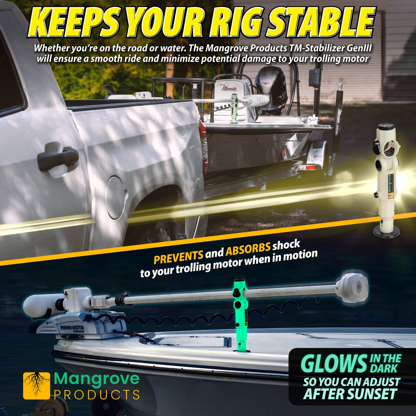 No Drilling trolling motor stabilizer, folding trolling motor support, Shock absorbing trolling motor stabilizer for Garmin, Minn Kota, Rhodan, Powerpole, and Lowrance trolling motors. 