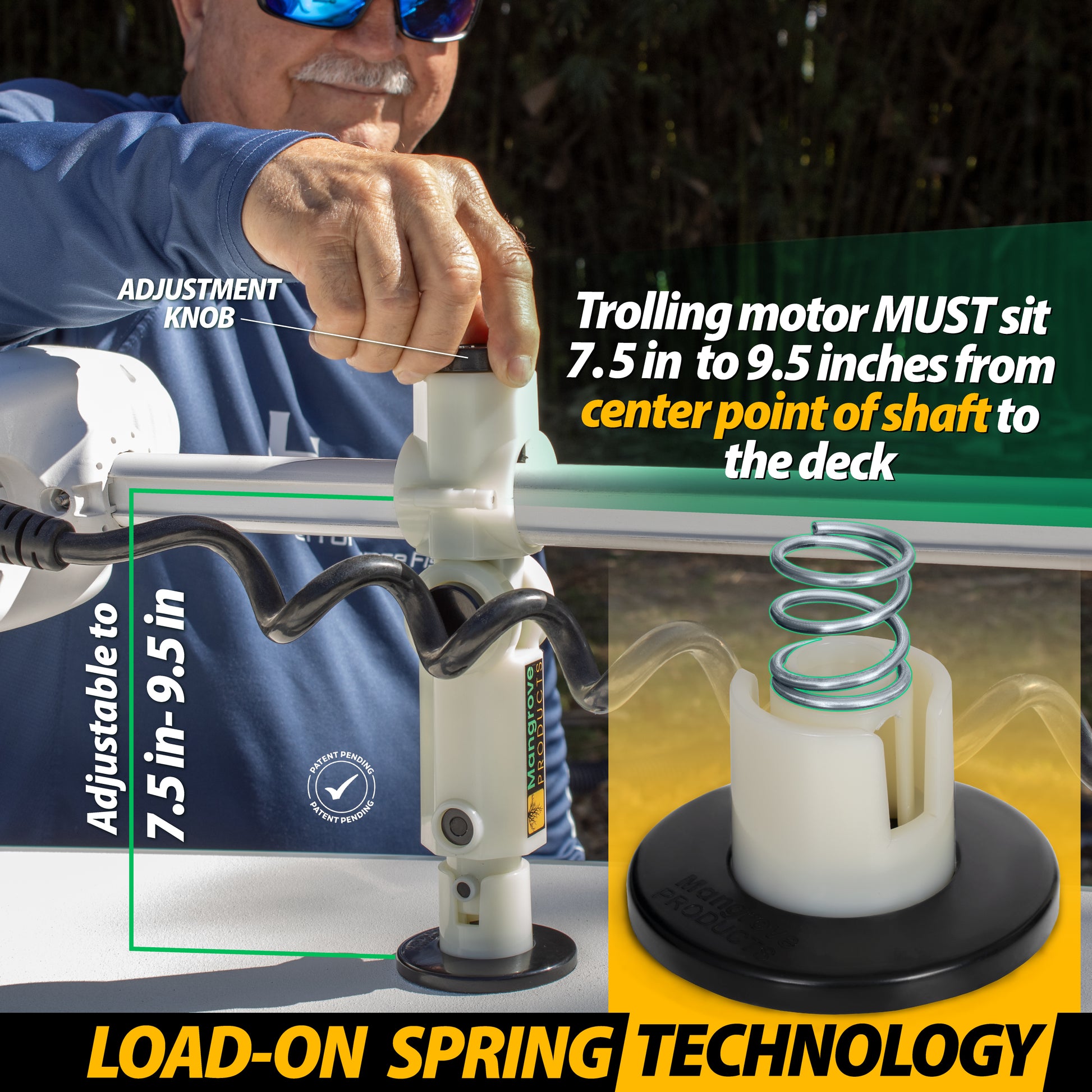 No Drilling trolling motor stabilizer, folding trolling motor support, Shock absorbing trolling motor stabilizer for Garmin, Minn Kota, Rhodan, Powerpole, and Lowrance trolling motors. 