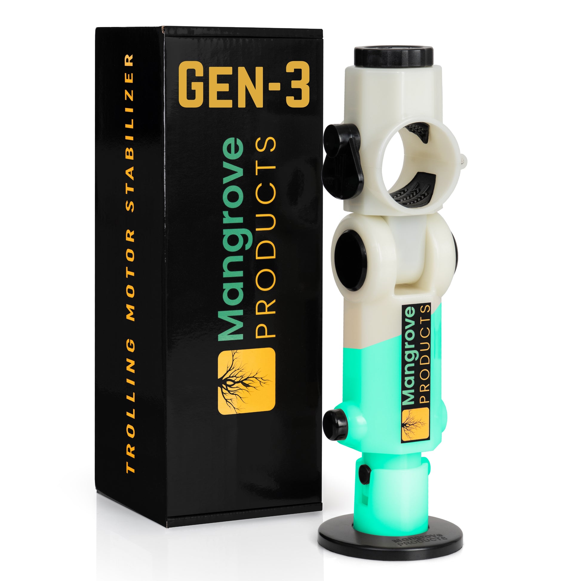 Mangrove Products Gen-3 Glow in the dark trolling motor stabilizer with packaging on a white background. No Drilling trolling motor stabilizer, folding trolling motor support, Shock absorbing trolling motor stabilizer