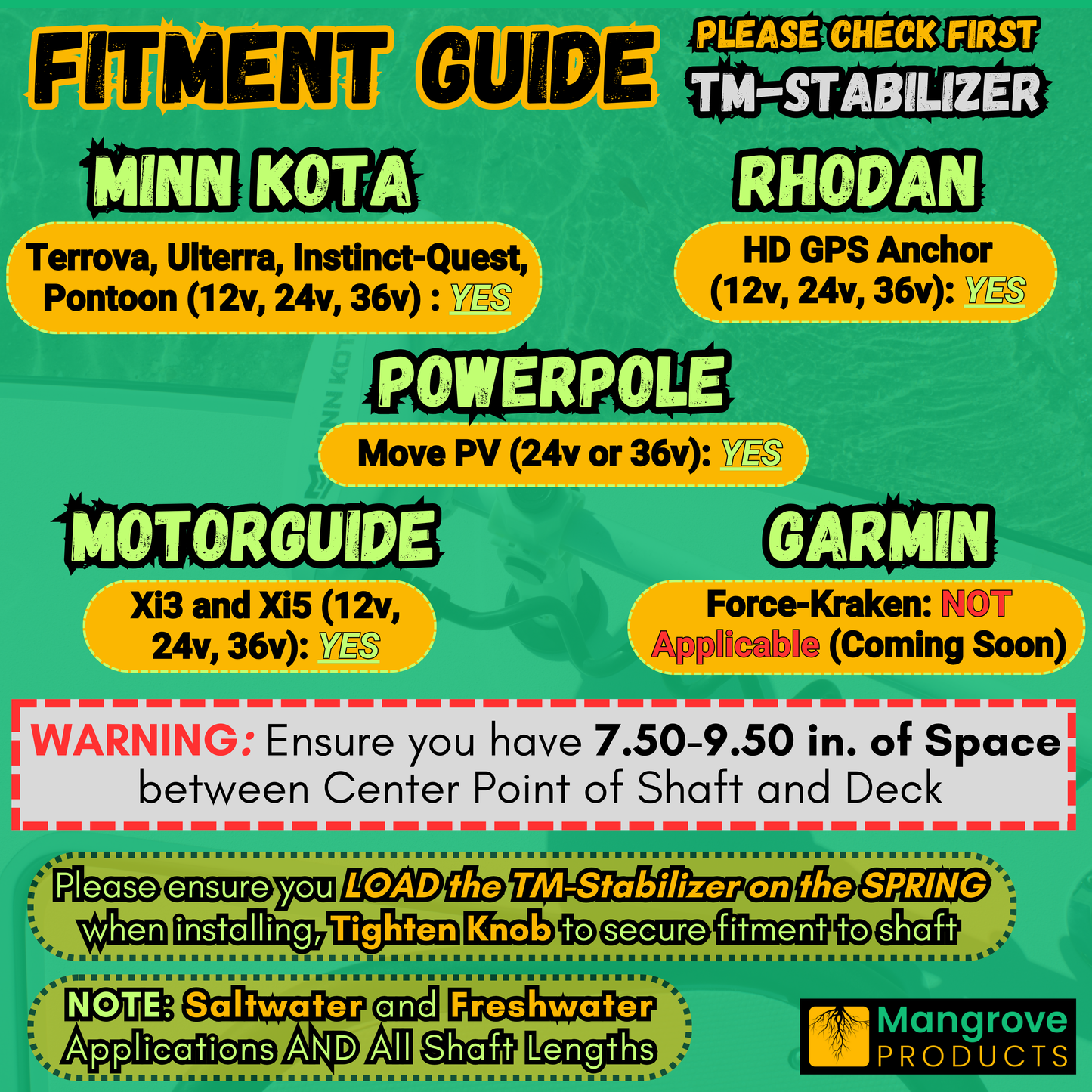 Trolling Motor Stabilizer: Adjustable with Universal Fitment (GLOW IN THE DARK)