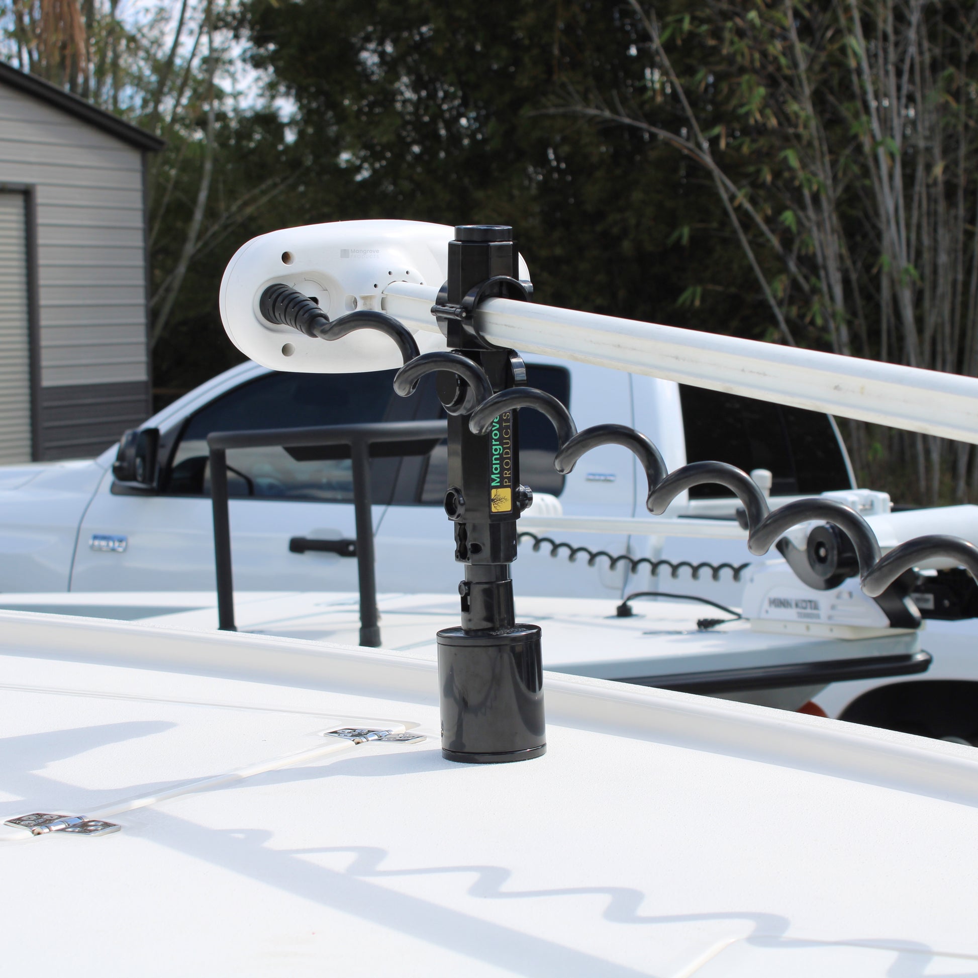 Tall Trolling Motor Stabilizer with spacer for a trolling motor that sits high when mounted color black. Long trolling motor support