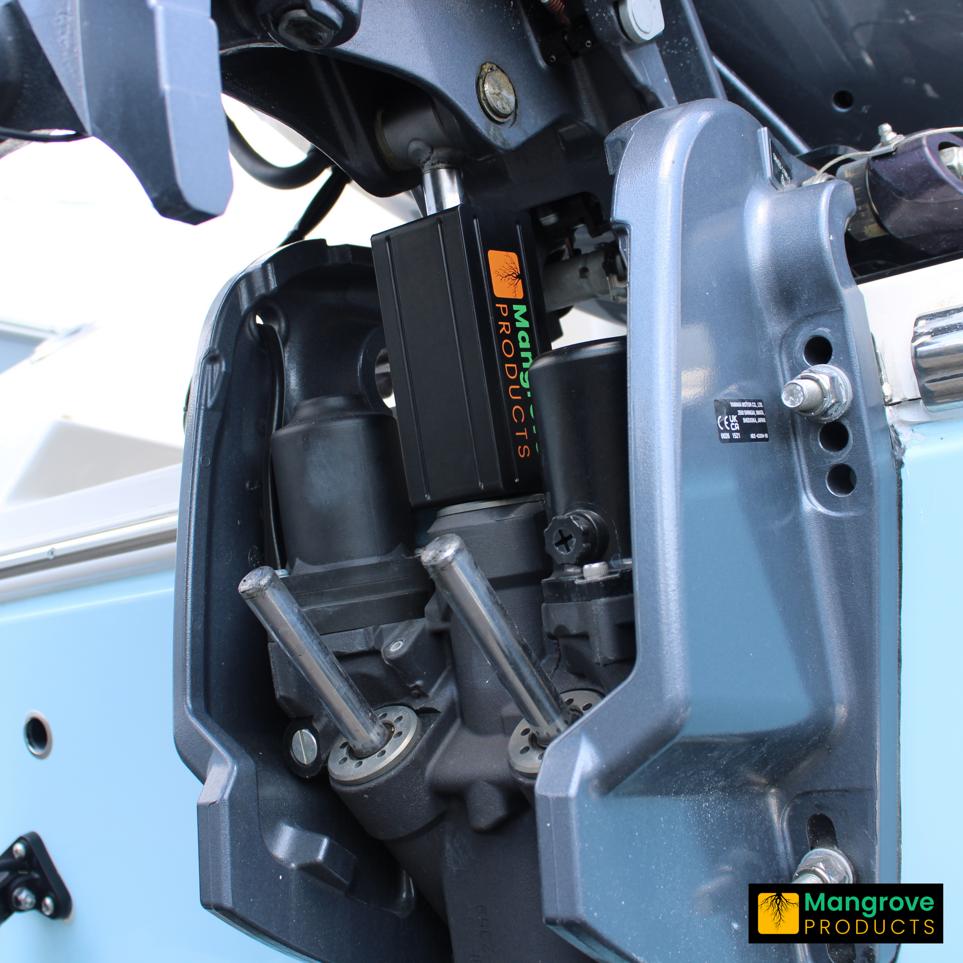 Transom saver TS-Block attached to a Yamaha f150hp outboard motor with 3-ram tilt trim system. 