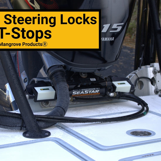 Outboard Steering Locks for outboard motor hydraulic steering system. Prevent unwanted side to side movement and vibration when trailering your boat.