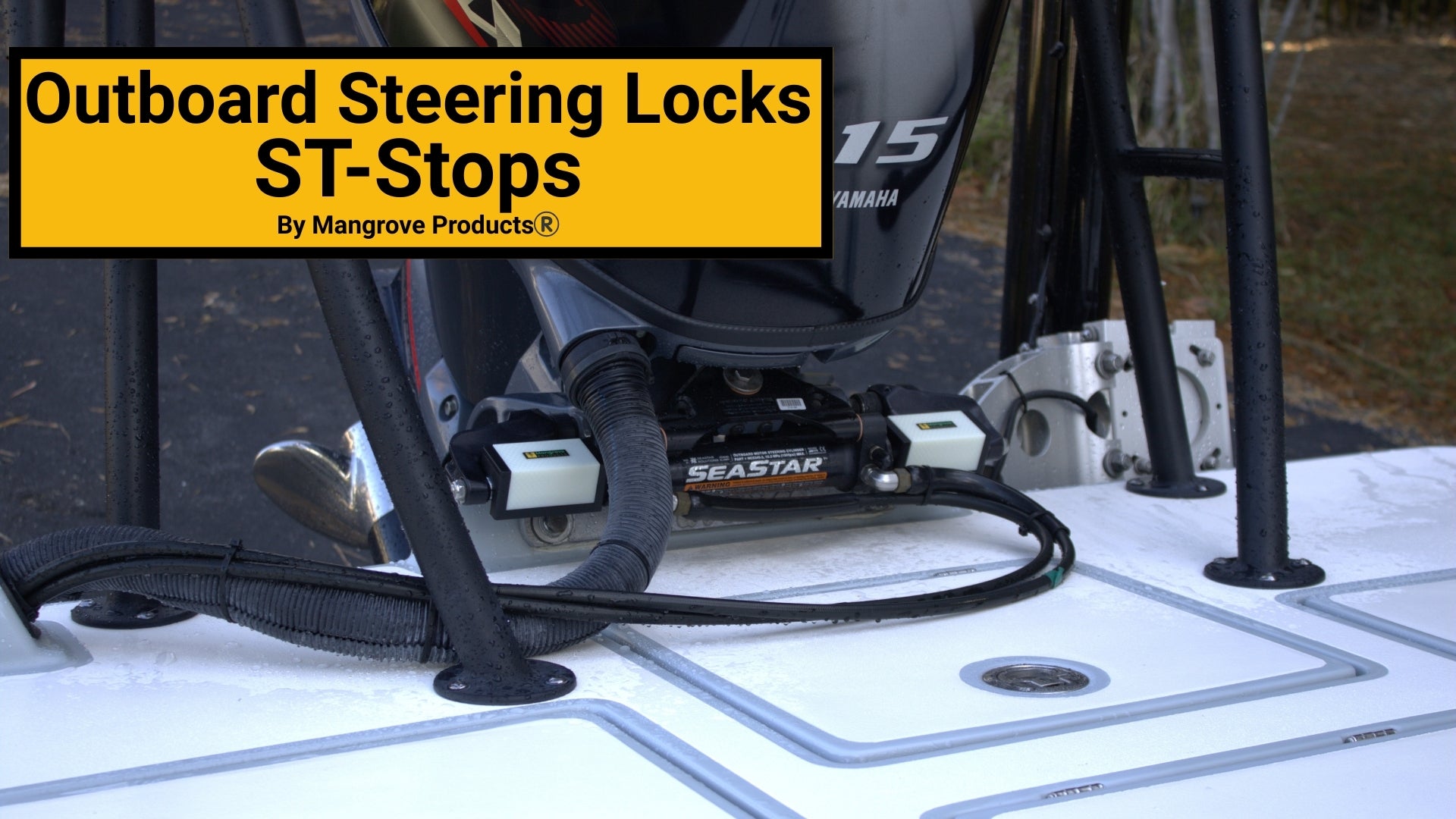 Outboard Steering Locks for outboard motor hydraulic steering system. Prevent unwanted side to side movement and vibration when trailering your boat.