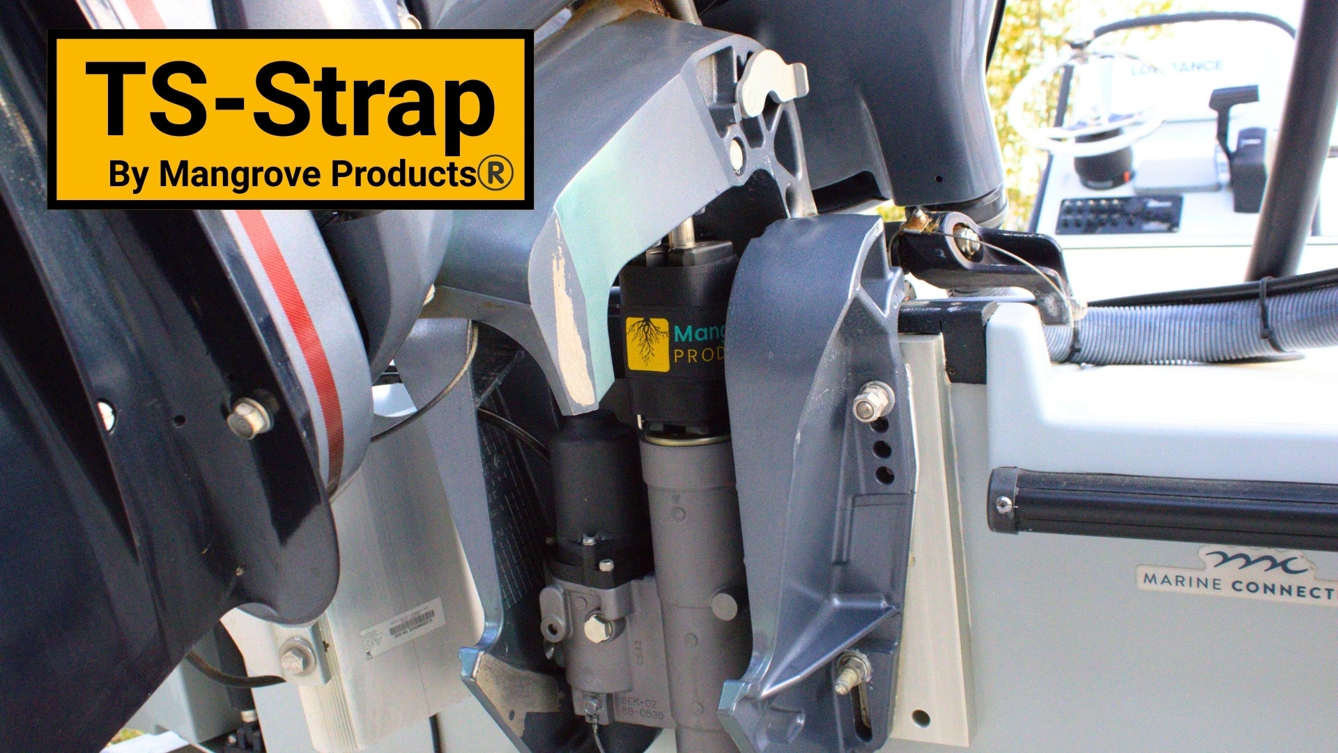 Transom saver strap for rubber transom saver blocks. TS-Strap by Mangrove Products. 